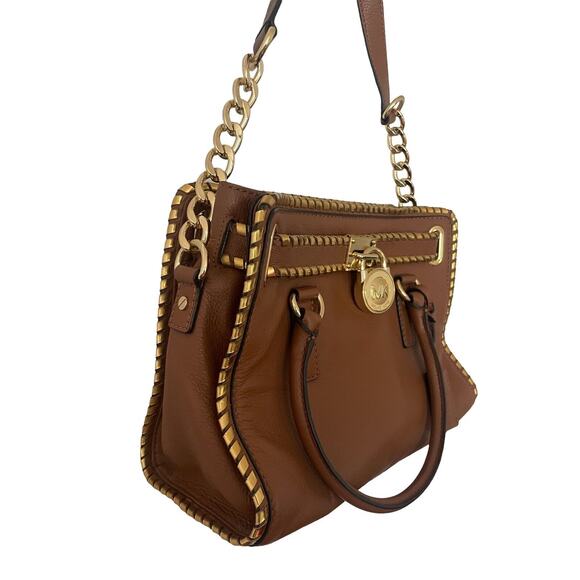 MICHAEL Michael Kors Gold Whipped Hamilton Brown Tan Leather Tote lock key - Picture 3 of 6